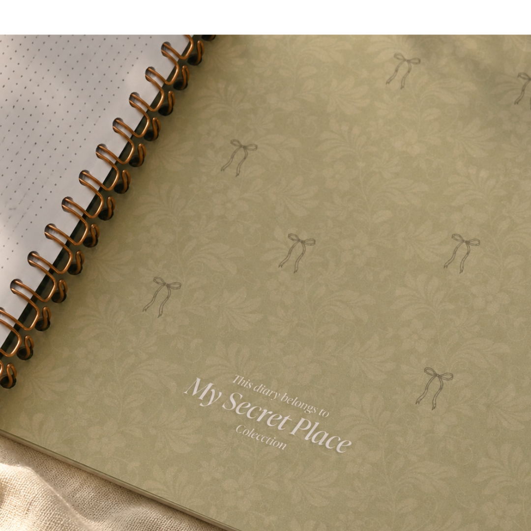 Green inside cover and gold spiral binding of My Secret Diary