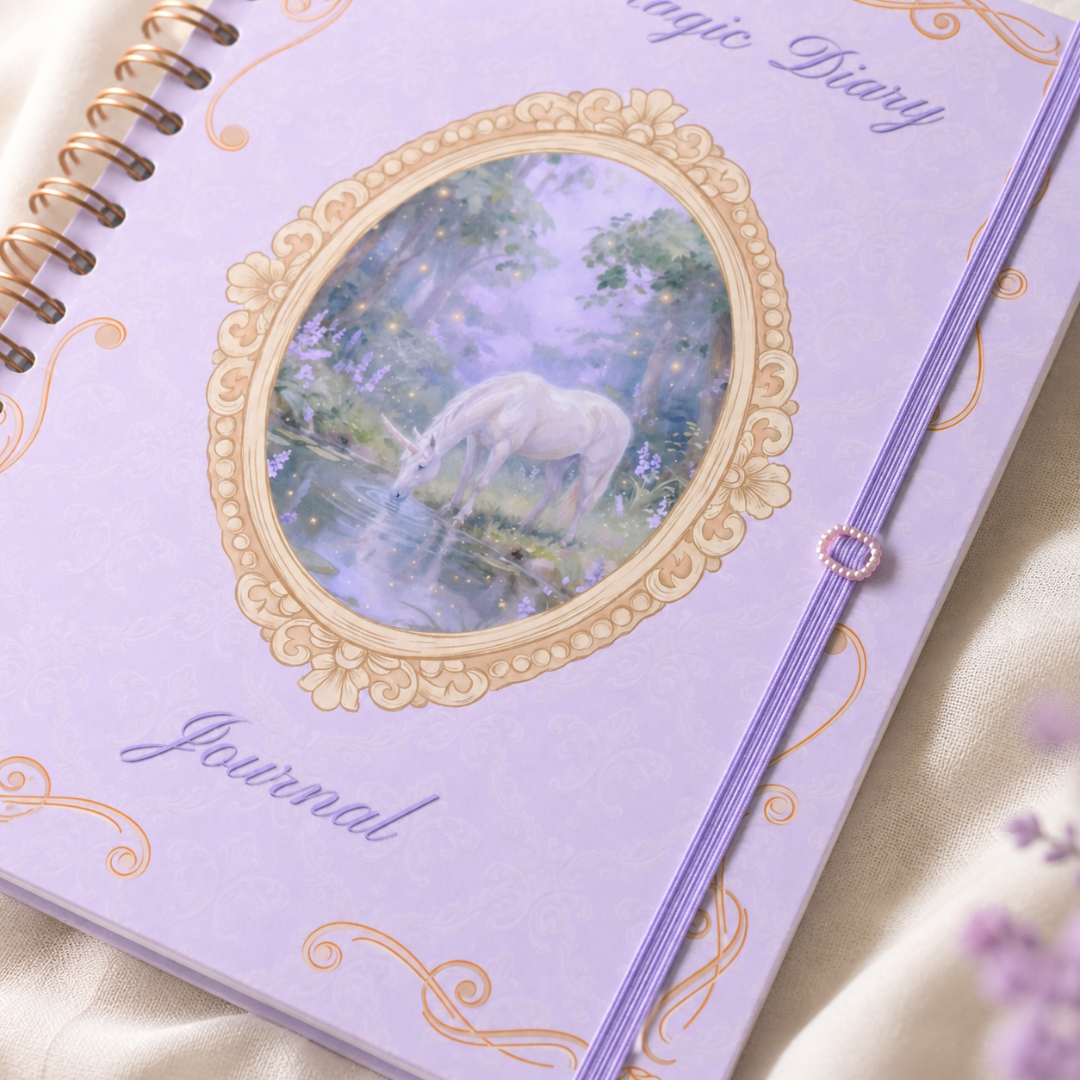 Close-up of the unicorn cover and purple elastic closure on My Magic Diary