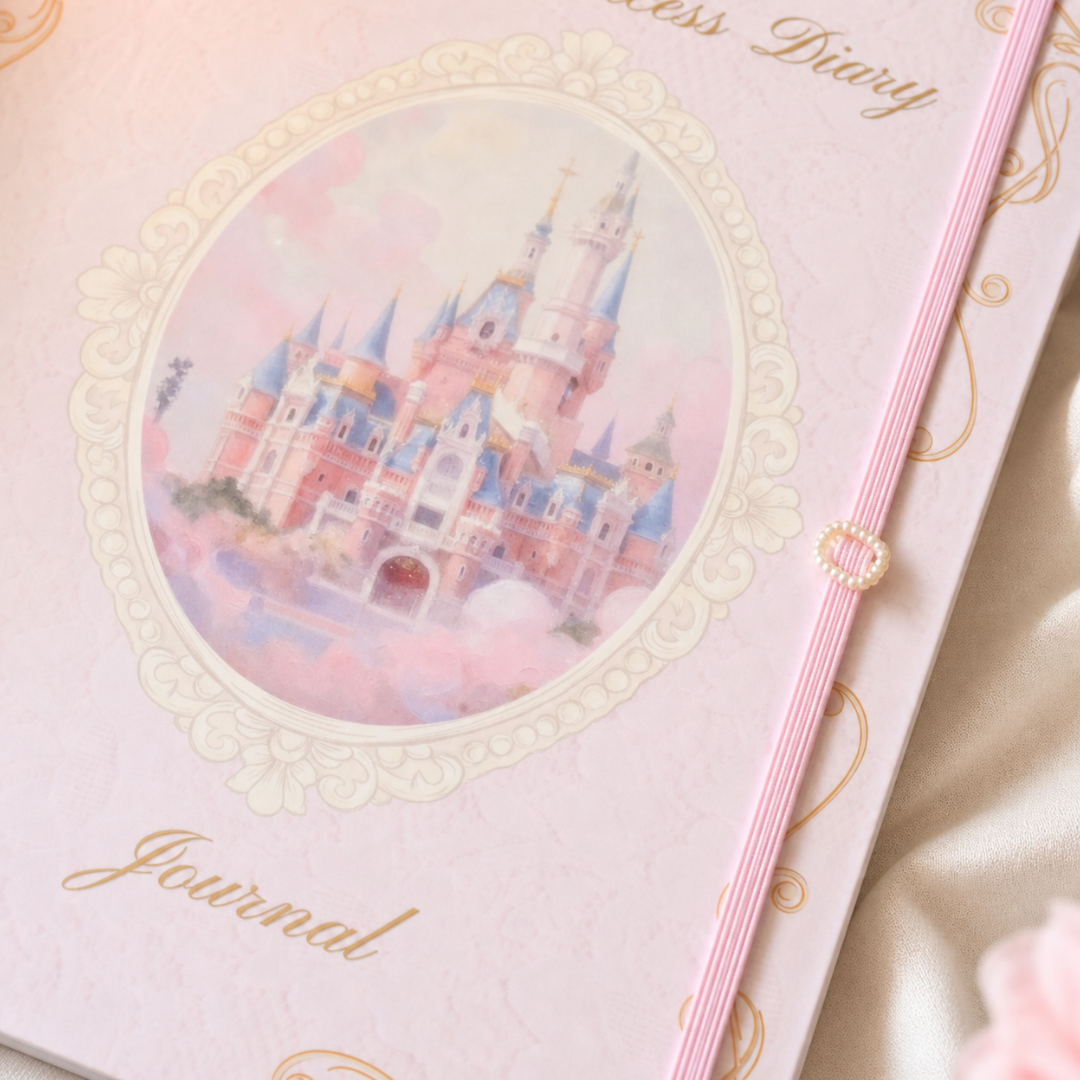Close-up of the pink castle cover and elastic closure on My Princess Diary