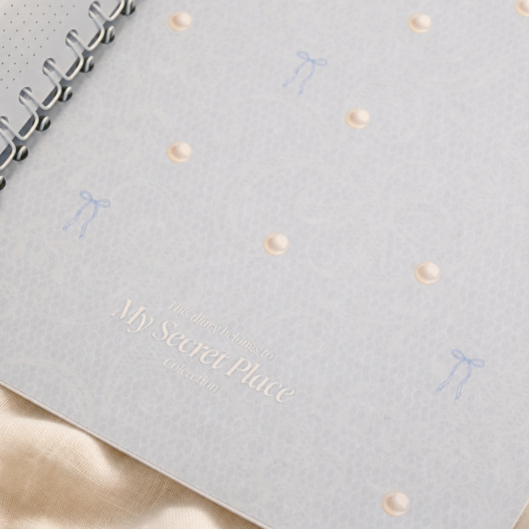 Blue inside cover and white spiral binding of My Dreamy Diary